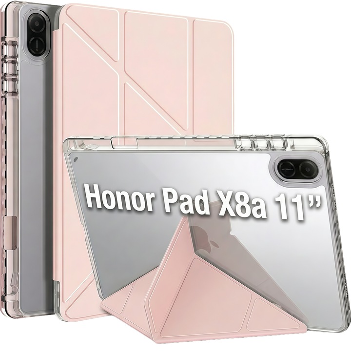 Husa Smart Cover Omelivon pentru Honor Pad X8a, spate transparent, suport pliabil tip Y, roz, 11 inch