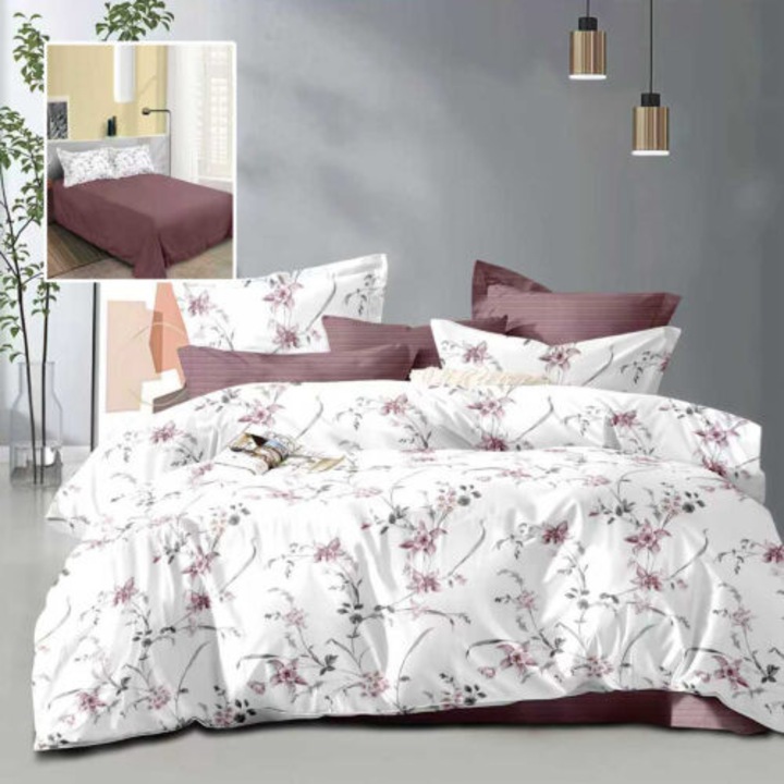 Lenjerie de pat dublu, microfibra, 4 piese, cearceaf de pat 230x250cm, cearceaf pilota 200x230cm si 2 fete de perna 50x70, ECN33