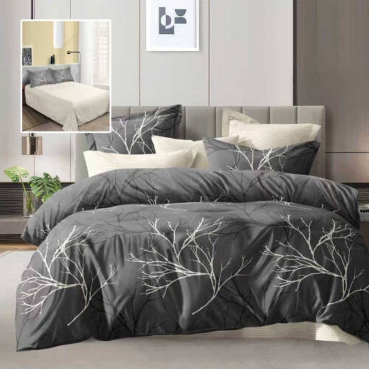 Lenjerie de pat dublu, microfibra, 4 piese, cearceaf de pat 230x250cm, cearceaf pilota 200x230cm si 2 fete de perna 50x70, ECN36