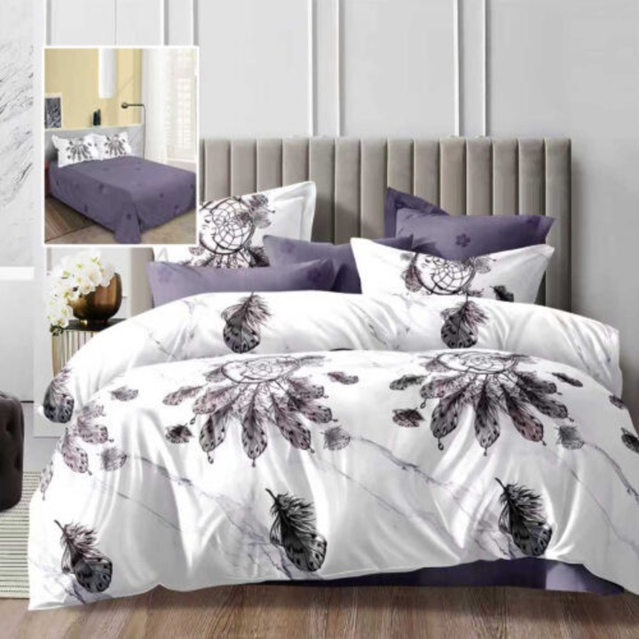 Lenjerie de pat dublu, microfibra, 4 piese, cearceaf de pat 230x250cm, cearceaf pilota 200x230cm si 2 fete de perna 50x70, ECN57