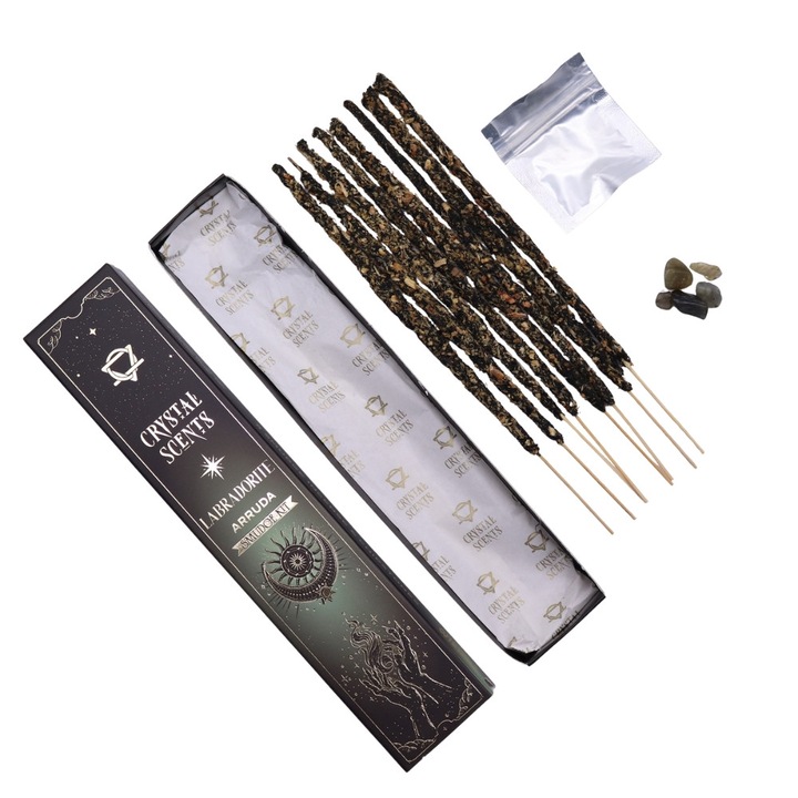 Illatos füstölőpálcika labradorit kristállyal és Rúta (Arruda) illattal, Védelmi, intuíciós és átalakulási rituálé