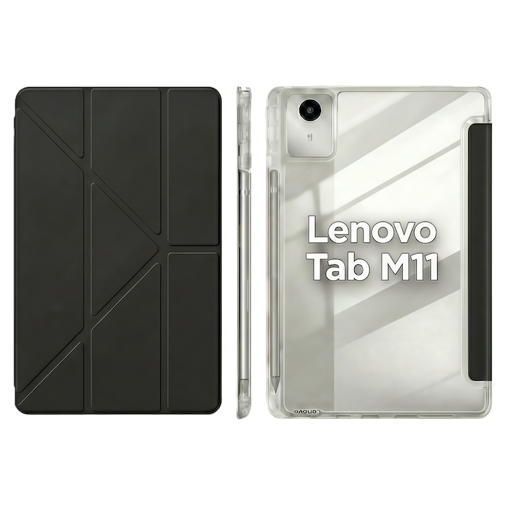 Husa Smart Cover Omelivon pentru Lenovo Tab M11, Stand Pliabil tip Y, Spate Transparent, Negru, 11 inch