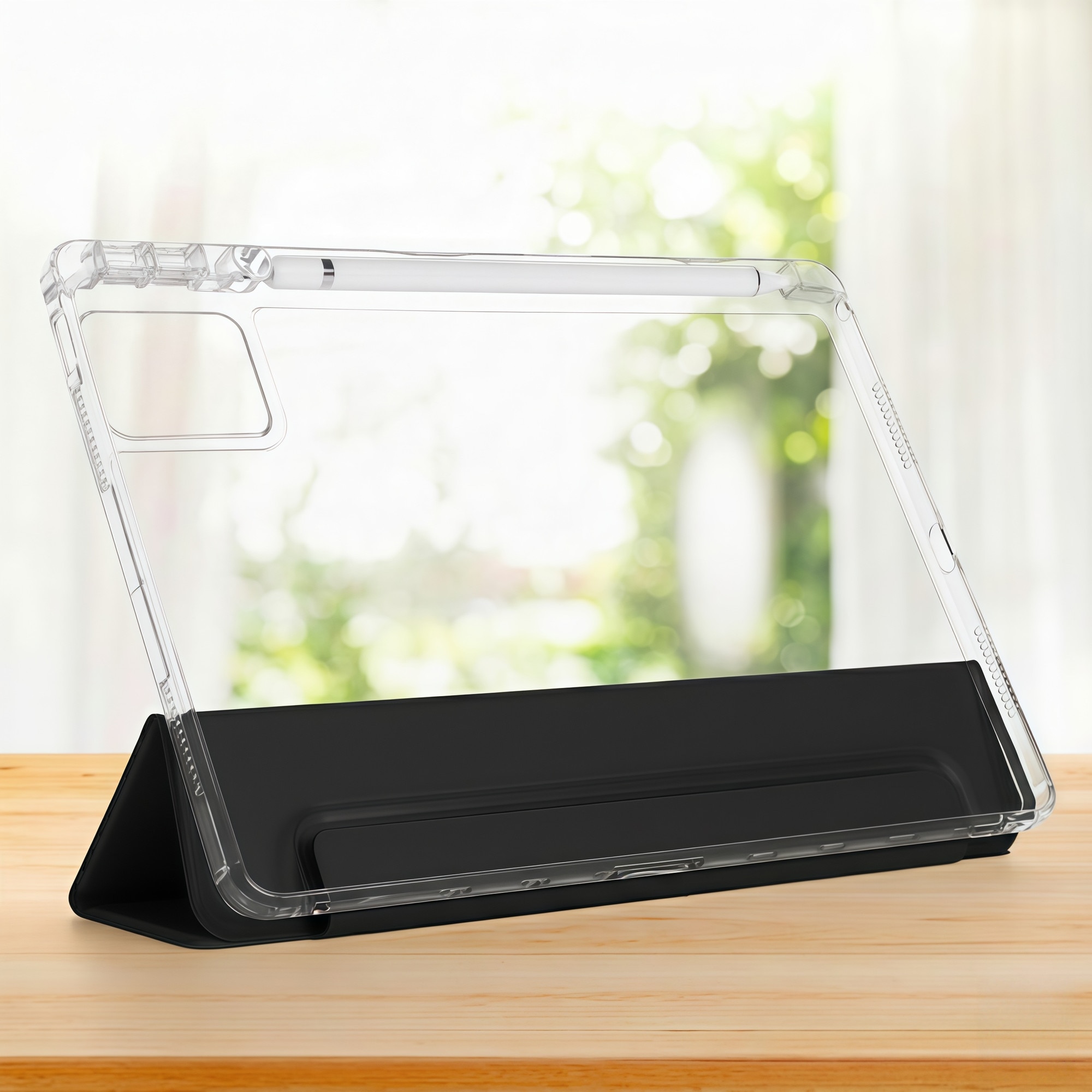 Husa Smart Cover Omelivon pentru Lenovo Tab M11, Stand Pliabil tip Y, Spate Transparent, Negru, 11 inch