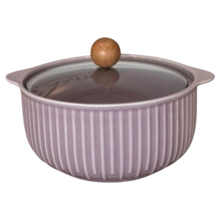 Bol de servire din ceramica, 20 x 16.5 x 12cm, cu manere si capac sticla