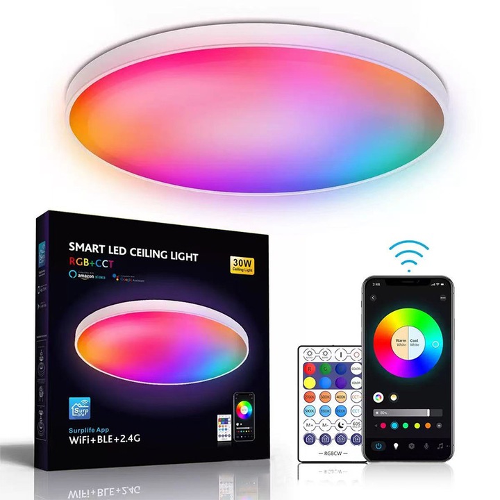 72DESI intelligens RGB LED mennyezeti lámpa, 30W, 2600 lm, WiFi + Bluetooth, távirányítóval és Surplife alkalmazással vezérelhető, Alexa és Google Assistant hangvezérlés, állítható hideg/meleg fehér és színes fény, Ø30 cm, fehér, F energiaosztály