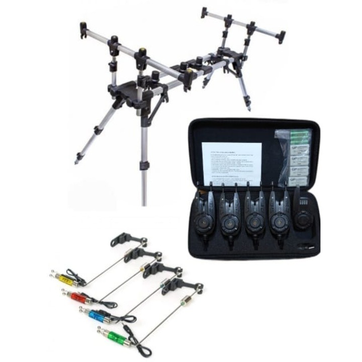 Suport Rod Pod Aluminiu Eastshark, 4 Posturi, Set 4 Senzori D5-W cu Statie, Raza 200m, 4 Swingere, Dimensiuni 100x18x16cm