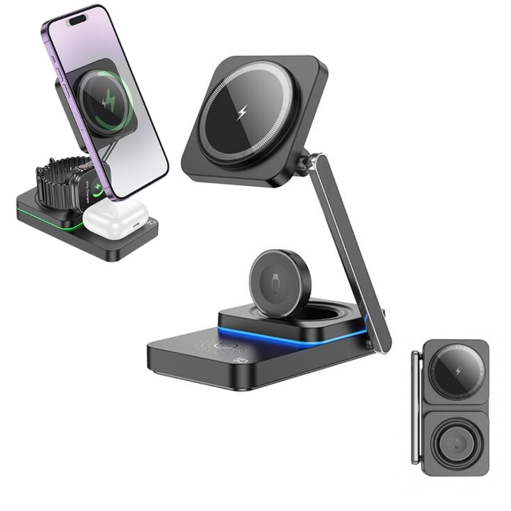Încărcător wireless 3-in-1, compatibil cu orice telefon, ceas și căști, negru