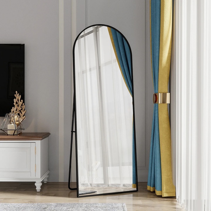 Álló tükör, elegáns design, robbanásbiztos, fekete, 162x53cm