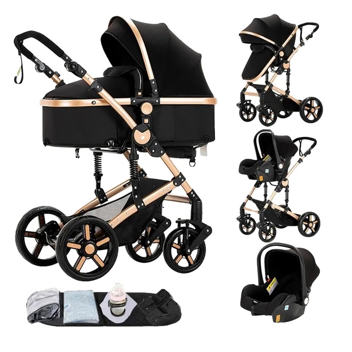 Carucior 3 in 1, design peisaj inalt, negru-auriu, capacitate 20 kg, pliabil