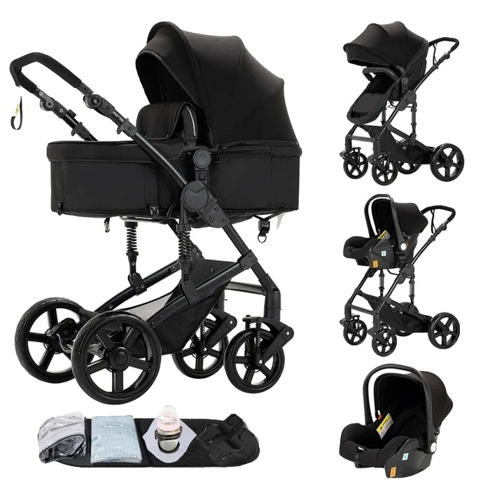 Carucior pentru copii 3 in 1, design usor, 588-negru, sistem adaptabil, capacitate de incarcare 20 kg