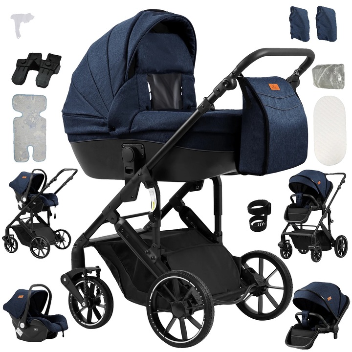 Carucior pentru bebelusi, 4 in 1, cu scaun de siguranta inclus, albastru, pliabil