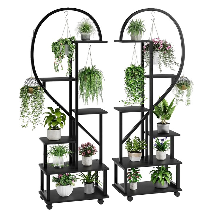 Suport pentru plante, 6 etaje, design mobil, negru, cu roti