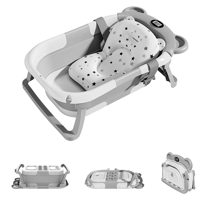 Cada pentru bebelusi, design pliabil, cu termometru, gri, 26.4x16.5x8.3in