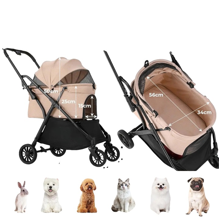 Carucior pentru caini, design pliabil, fereastra frontala respirabila, roz, pentru animale de pana la 20kg