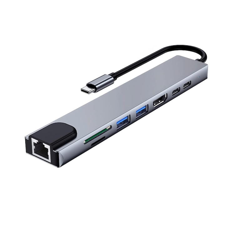 Адаптер Хъб USB-C 8 в 1 с Ethernet порт, HDMI 4K, USB 3.0, PD 100W, Четец на SD/TF карти – Премиум алуминий, Съвместим с MacBook/Pro/Air, Лаптоп с Windows