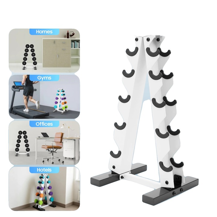 Suport pentru gantere, 5 niveluri, constructie din otel rezistent, alb