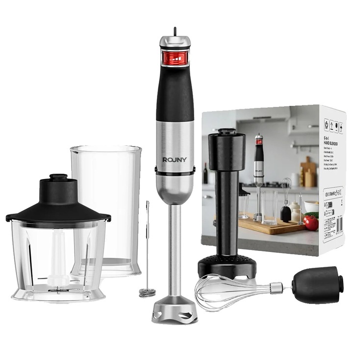 Blender de Imersiune 6 in 1, ROUNY, Functionalitate Versatila, Lama din Otel Inoxidabil, 1200W, Culoare: Argintie