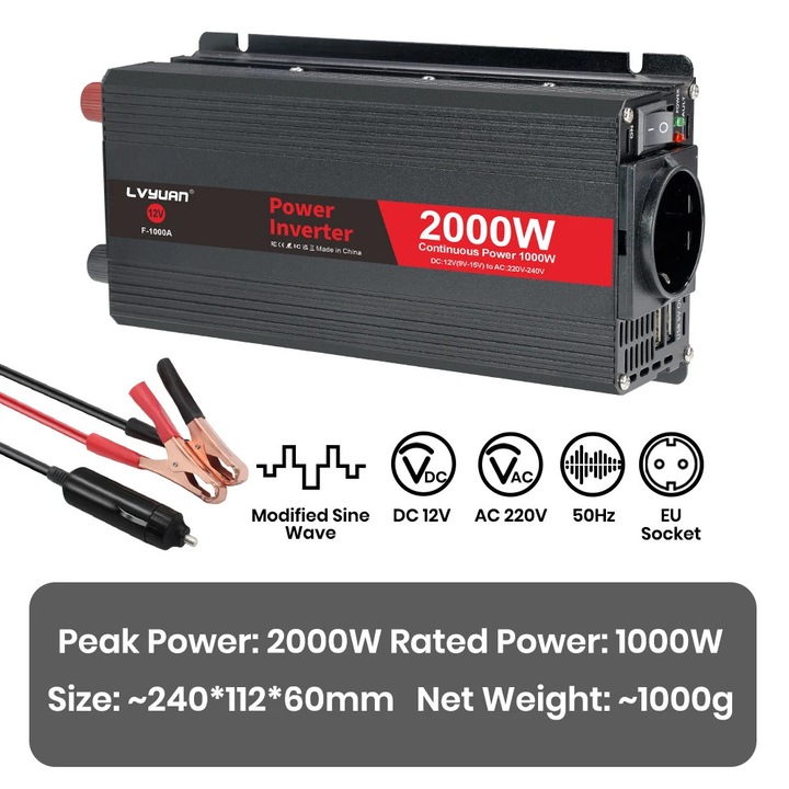 Inverter auto 2000W, 12V-220V, design compact, eficienta 90%
