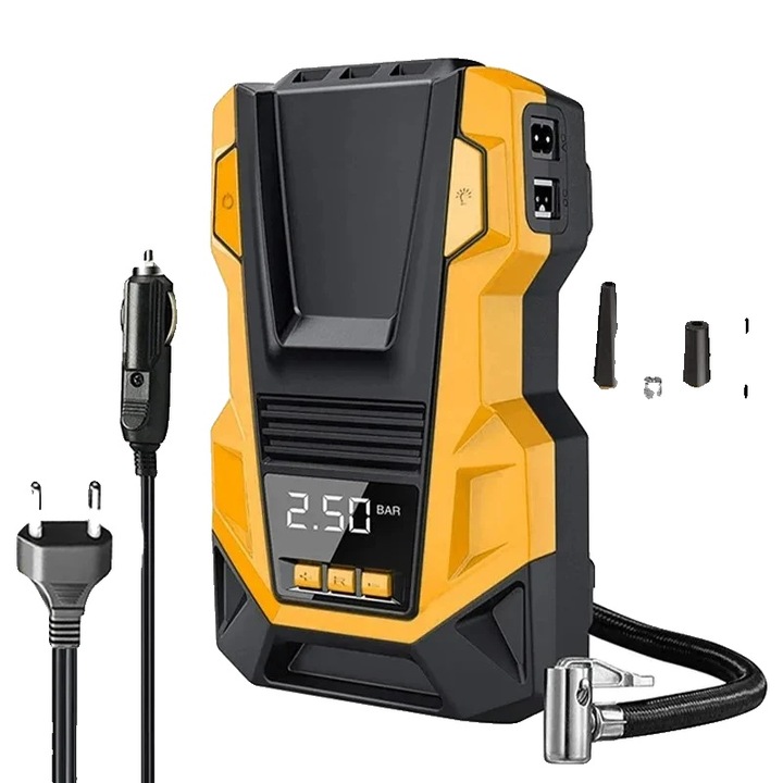 Compresor auto portabil, multifunctional, galben, electric cu fir, 170x90x240mm