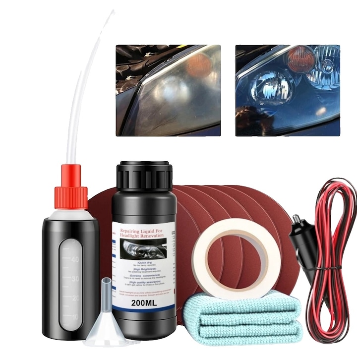 Kit de restaurare faruri, 100ML/200ML, material polimer lichid, non-toxic, compatibil cu majoritatea tipurilor de faruri auto