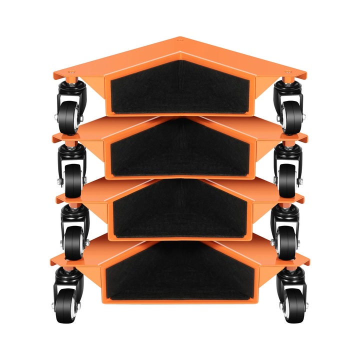 Set 4 platforme triunghiulare pentru mobila, Dolly transport, sarcina max. 639 kg, 3 roti/buc, otel carbon & PU, pentru lemn/gresie/marmura/beton, muchie 26, 5 cm, Portocaliu