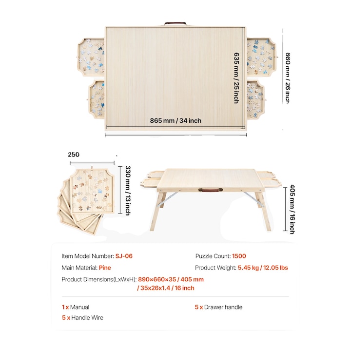 Маса за пъзел, многофункционален дизайн, с вградено съхранение, 1500 части, борово дърво, големи размери