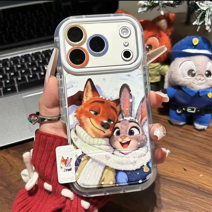 Защитен калъф, съвместим с iPhone 17 pro max, Защита на камерата, Стойка за мобилен телефон, огледало, Зайчето и Лисицата, Зоотрополис, Джуди и Ник, многоцветен, подарък