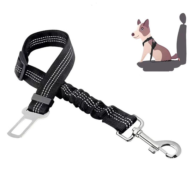 Lesa Auto Pentru Caini Sau Pisici, Chucai, 2.5*49-66cm, Lungime Pana La 80 cm, Centura de siguranta pentru masina, Material Poliester, Negru
