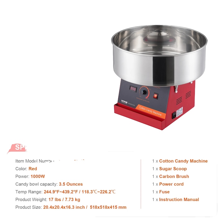 Aparat de preparat vata de zahar, 1000W, bol din otel inoxidabil, rosu, capacitate 3.5 uncii, 6 conuri pe minut