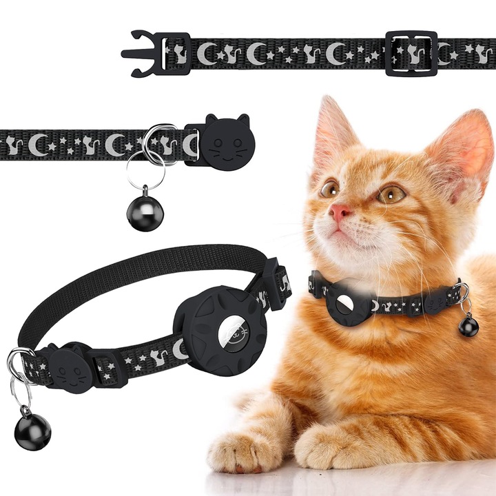 Macska nyakörv, AirTag védővel, állítható méret 20x33cm, csengővel, fekete