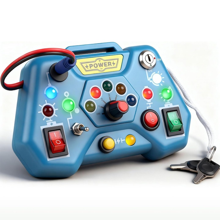 Jucarie educativa Montessori Busy Board, Chucai, 12 LED-uri, 8 intrerupatoare, plastic, 1-4 ani, albastru