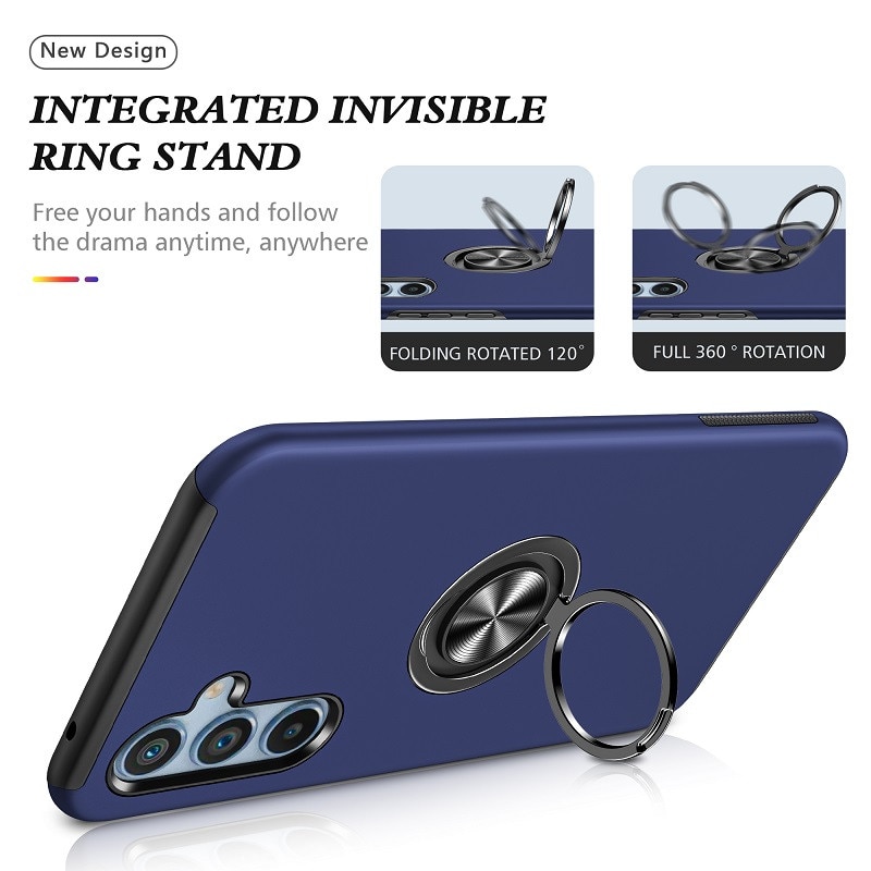 Husa pentru Samsung Galaxy A56/A36 5G, Subtire, Magnetica, Cu Inel Metalic Portabil, Minimalista, Culoare Uni, Rezistenta, Antiglont, Pentru Femei si Barbati-Albastru inchis