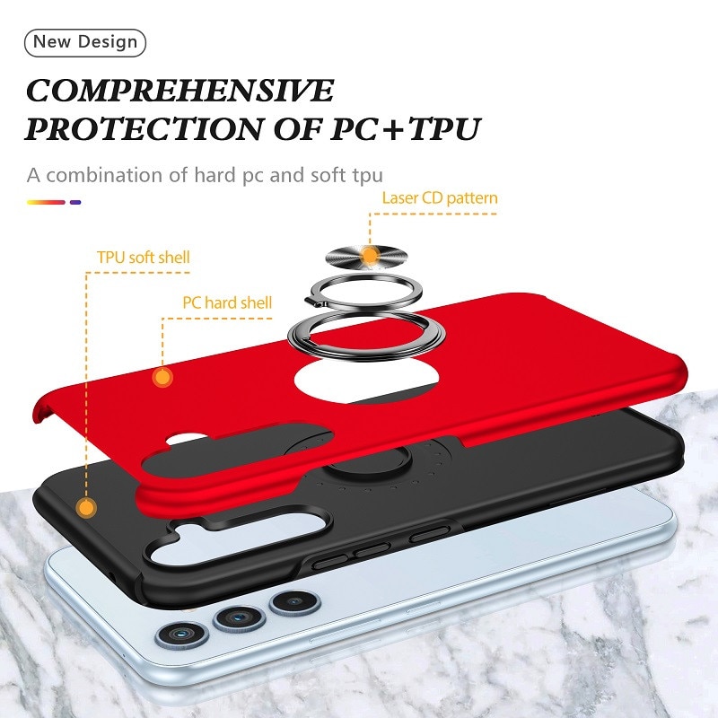 Husa compatibila cu Samsung Galaxy A55 5G, Subtire, Magnetica, Cu Inel Metalic Portabil, Minimalista, Culoare Uni, Rezistenta, Antiglont, Pentru Femei si Barbati-Rosu aprins