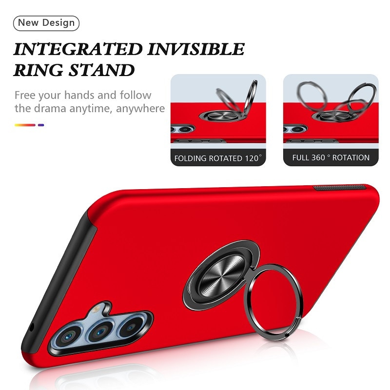 Husa compatibila cu Samsung Galaxy A55 5G, Subtire, Magnetica, Cu Inel Metalic Portabil, Minimalista, Culoare Uni, Rezistenta, Antiglont, Pentru Femei si Barbati-Rosu aprins