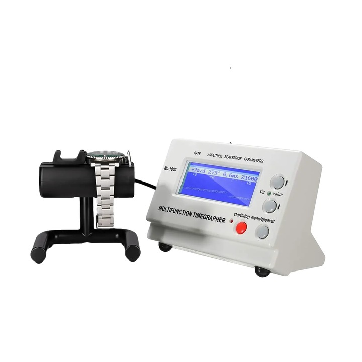 Tester de ceas, masoara rata, amplitudinea si eroarea de batai, unghi de ridicare ajustabil 30-70, 1-6 pozitii de masurare, 200x140x80mm