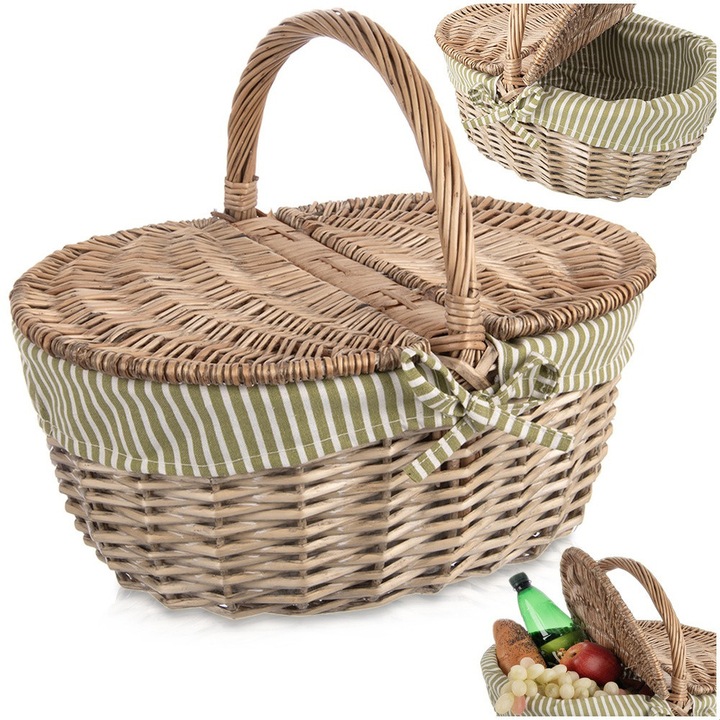 Кошница за пикник от ратан, Артемис, 42x32x35см, с капак, зелено-бяла подплата, универсална употреба