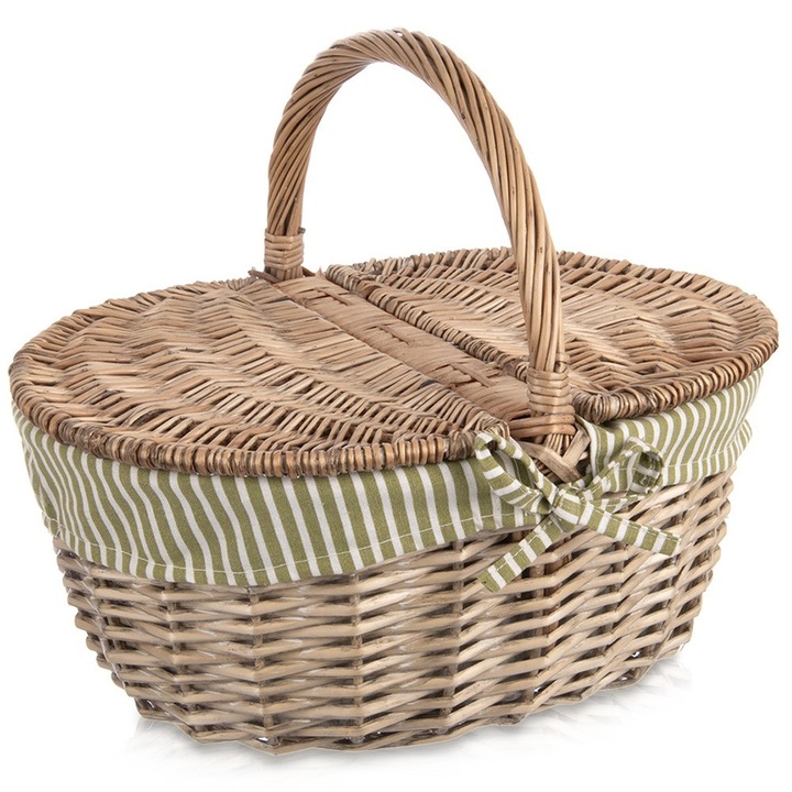 Кошница за пикник от ракита с капак, Orion, 42x32x35 см, зелено-бяла подплата, универсална употреба