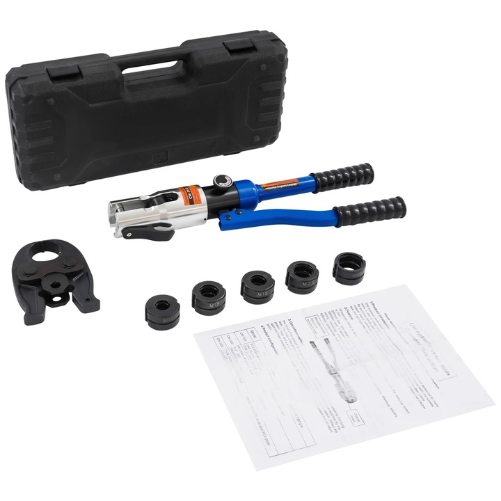 Cleste hidraulic de sertizare cu matrite M 12/15/18/22/28 mm, albastru deschis, set complet, forta 10 t