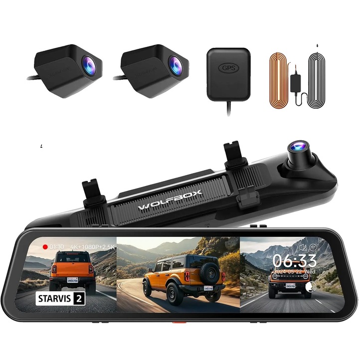 Camera auto DVR, 4K, sistem cu 3 lentile, unghi de vizualizare 170, set cu kit de hardwire, 256G TF gratuit