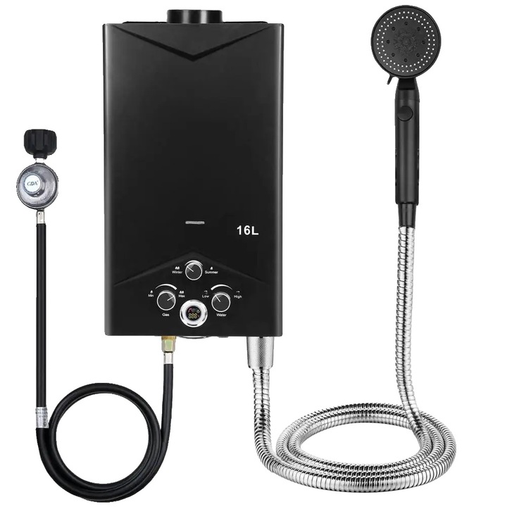 Gázüzemű, hordozható, azonnali vízmelegítő, gyors hőmérséklet-szabályozás, 1. szett, 21 gallon per perc, 68000 BTU/óra, fém