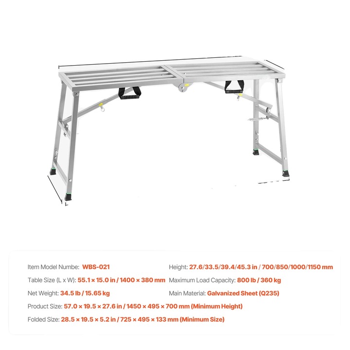 Összecsukható munkapad, 70-115cm, maximális terhelhetőség 800 lbs, kompakt kialakítás, horganyzott acél
