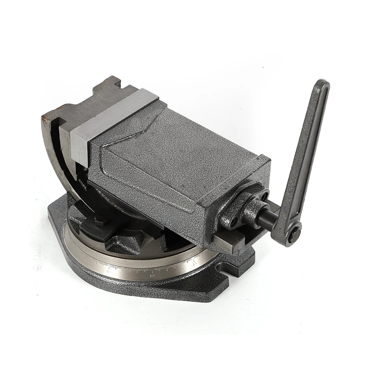 Menghina inclinabila pentru frezare, Menghina de banc, Latime falci 125 mm, Baza rotativa 360°, Inclinare 0–90°, Duritate falci 48 HRC, Forta de strangere 24 kN, Gri