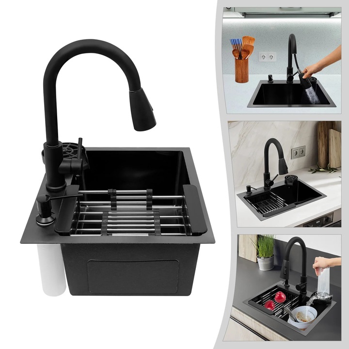 Chiuvetă bucătărie, Design modern, neagră, tip montare sub blatul de lucru, robinet retractabil, o cuvă