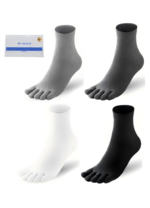 Set 4 perechi, ciorapi cu degete din bumbac, antimicrobieni, respirabili, negri, albi, gri, One Size