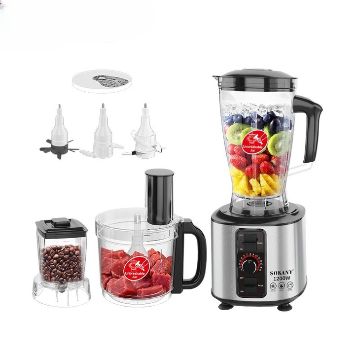 Блендер Sokany SK111 7-в-1, 1200W, Сребрист, 15 скорости, капацитет 2.5л, комплект с чопър и 3 остриета