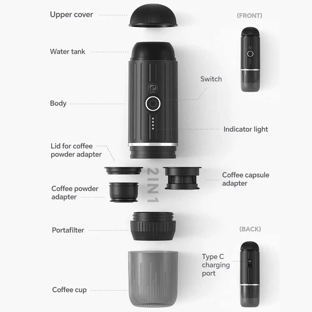 Cafetiera espresso portabila, design pentru calatorii, mod dual de operare, neagra, 100W, 80ml