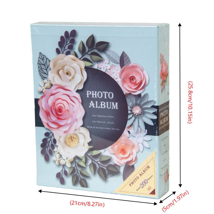 Album foto clasic cu coperta florala, 25x21cm, capacitate 200 fotografii, albastru deschis