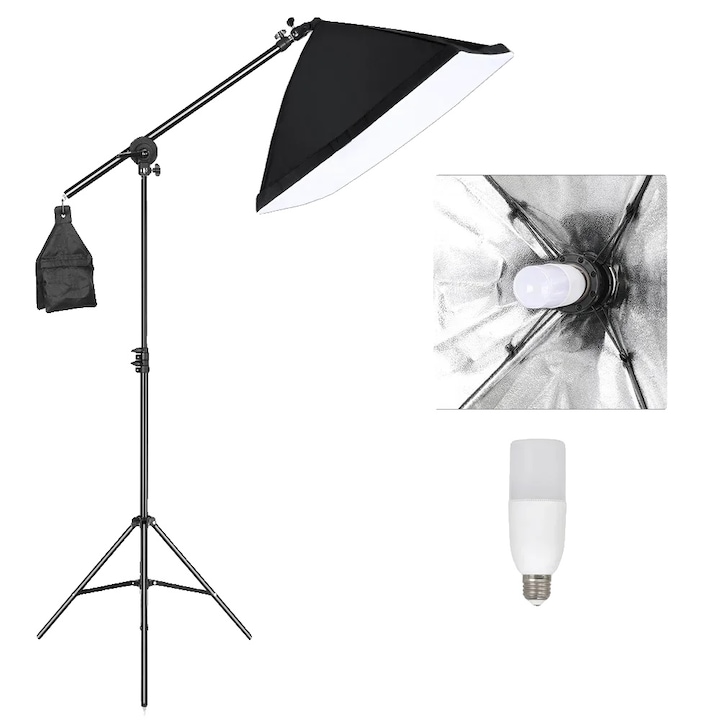 Kit de iluminare softbox, suport ajustabil, compatibilitate cu diverse tipuri de becuri, 30W, 50x70cm