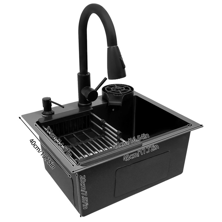 Chiuvetă bucătărie, Design modern, neagră, tip montare sub blatul de lucru, robinet retractabil, o cuvă