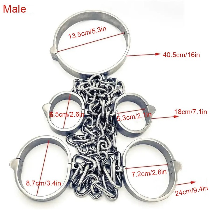 Комплект за ограничаване БДСМ, неръждаема стомана, мъжки размер, 121 см x 5 мм, 2200 гр